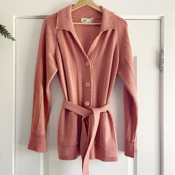 Vintage 70s Duet Button Front-tie Waist Cardigan Mauvey Pink - L - Picture 1 of 5